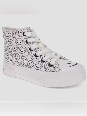 White Smiley-Print Canvas High-Top Sneakers by Joe Boxer  Size 2 NWT
